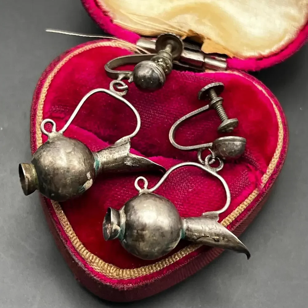 Vintage Mexican Mexico Sterling Silver Pitcher Dangle Screw- back Earrings
